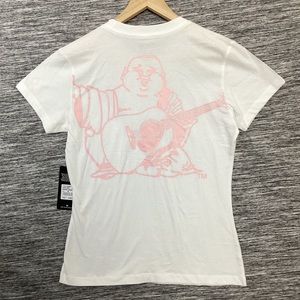 True Religion Women’s White Crew Neck  T-shirt with PINK Buddha Logo Bckside